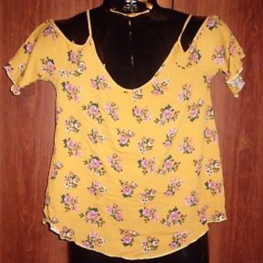 Mustard Yellow Cold Shoulder Floral Top, Sz L